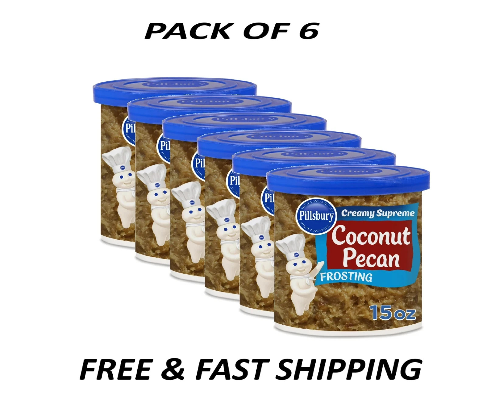 6 pack, Pillsbury Creamy Supreme Coconut Pecan Frosting, 15 oz Tub.