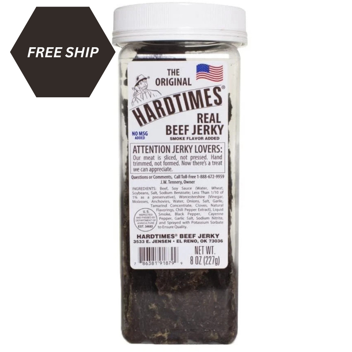Hard times Handcrafted Beef Jerky Original Flavor 8 oz Jar Sliced Hand Trimmed