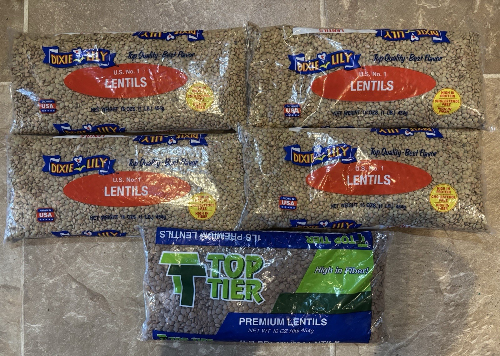 5 One Pound Bags Dixie Lily & Top Tier LENTILS (BB 7/2027) FREE SHIPPING USA