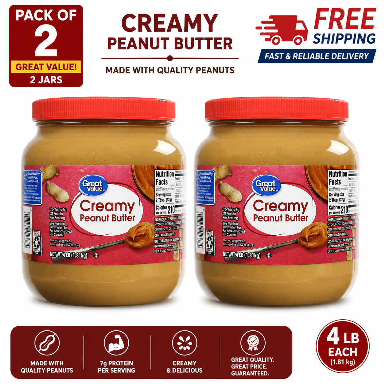 Great Value Creamy Peanut Butter, Spread, 64 oz – Pack of 2