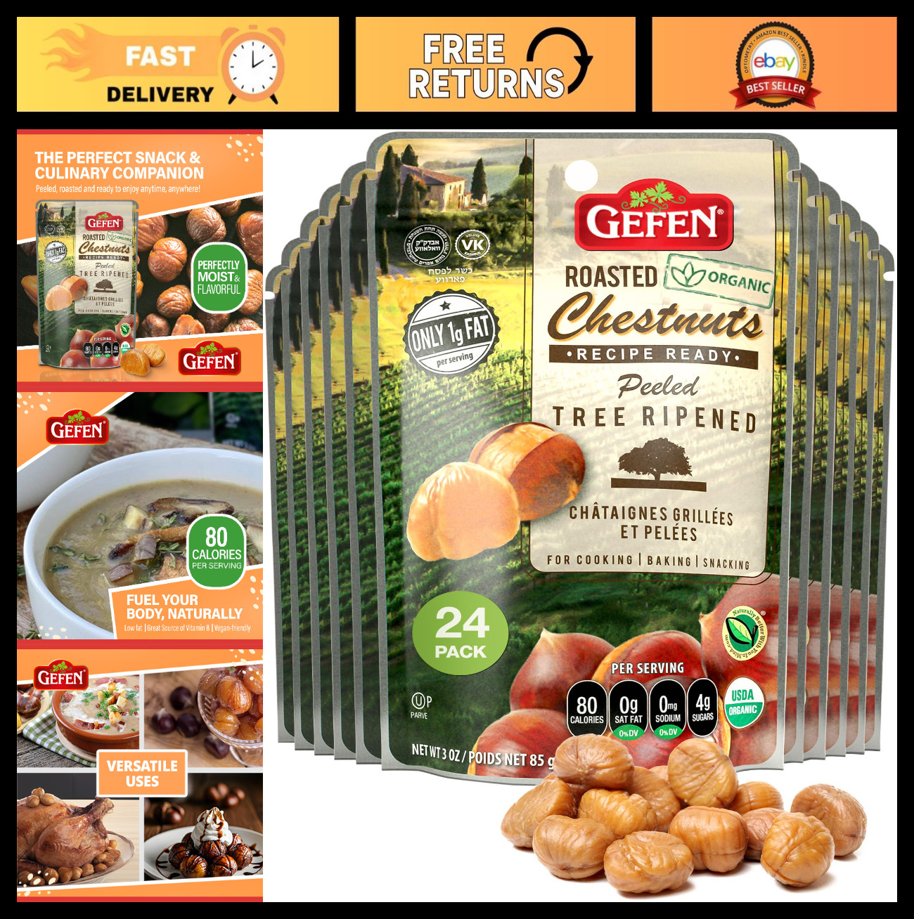 Organic Whole Peeled Roasted Chestnuts 3oz (24 Pack) | Ready to Eat, Gluten Free