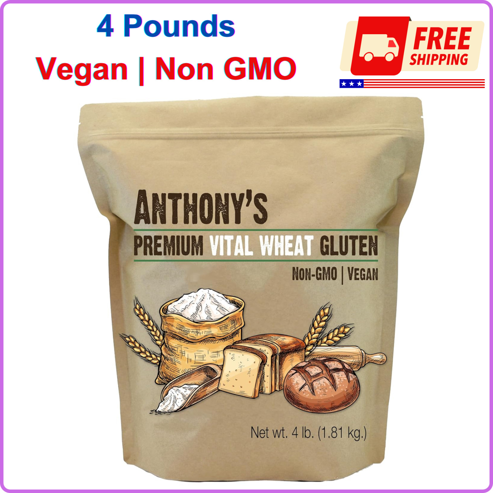 Anthony’s Vital Wheat Gluten, 4 Pound, Vegan, Non GMO, Keto Friendly, Low Carb