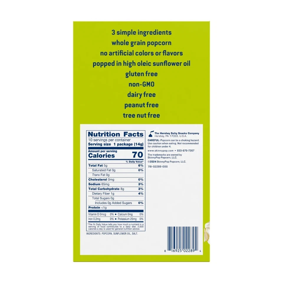 SkinnyPop Gluten-Free Original Popcorn, 0.5 oz Snack-Size Bags, 10 Count