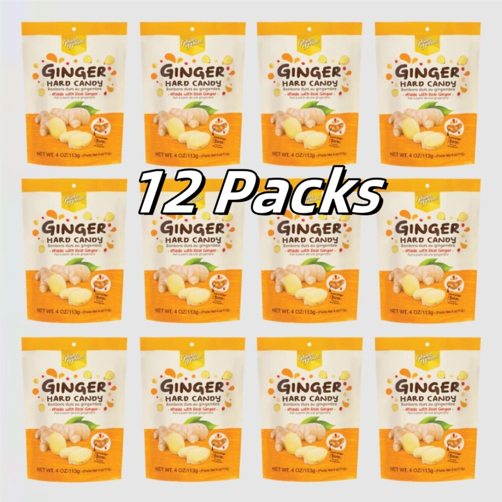 Prince of Peace Hard Ginger Candy with Center-Filled Ginger Burst 4oz (12 Packs)