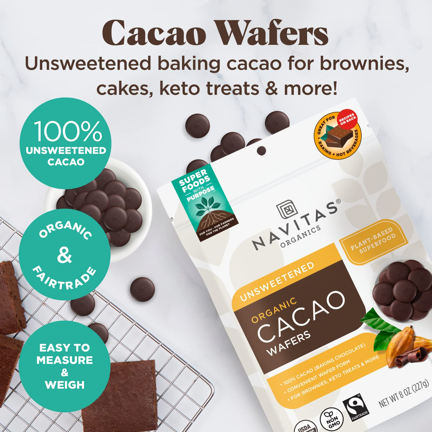 Cacao Wafers, 8Oz, Unsweetened Baking Chocolate — Organic, Non-Gmo, Fairtrade, G