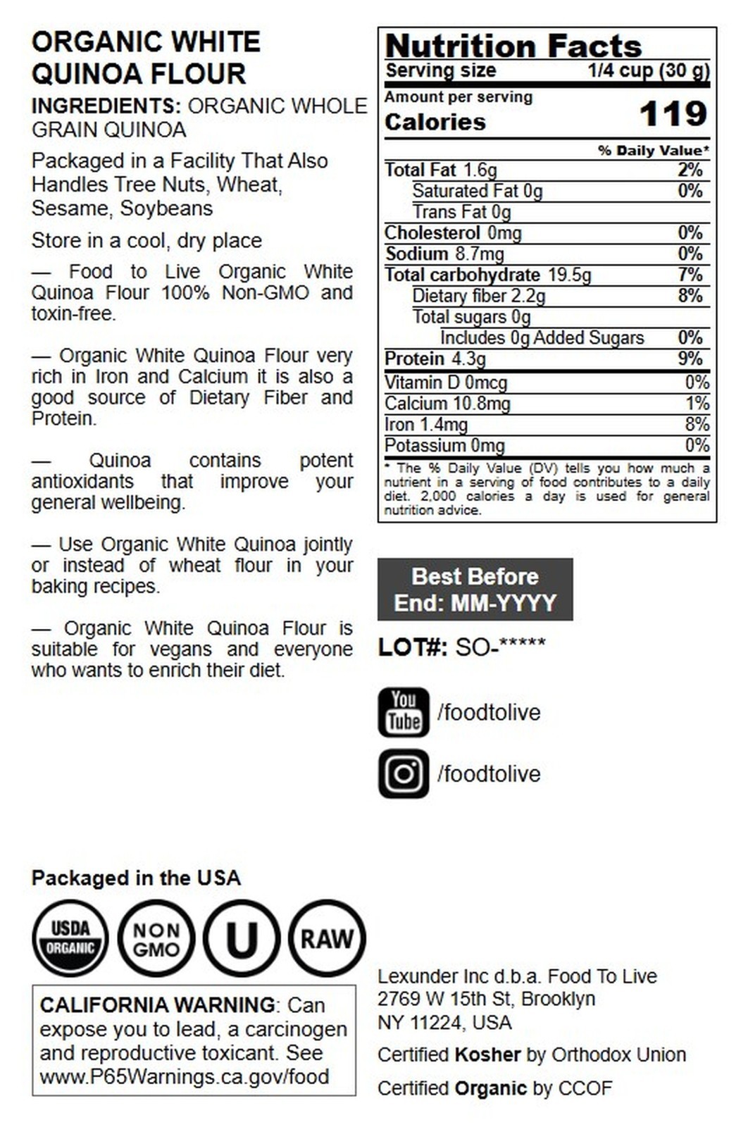 Organic White Quinoa Flour — Non-GMO, Kosher, Raw, Vegan — Food To Live