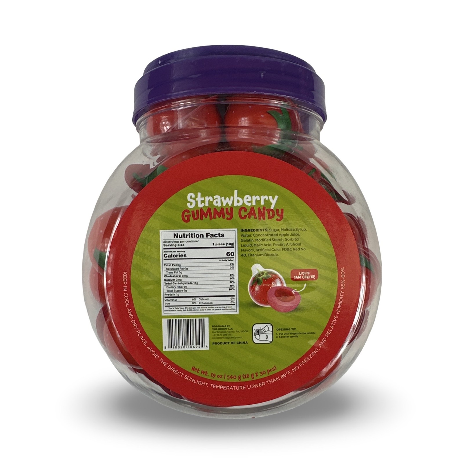 Jam Filled Fruit Gummy Balls, Mixed Fruit or Strawberry, 19 Oz Jar, 30 Pieces