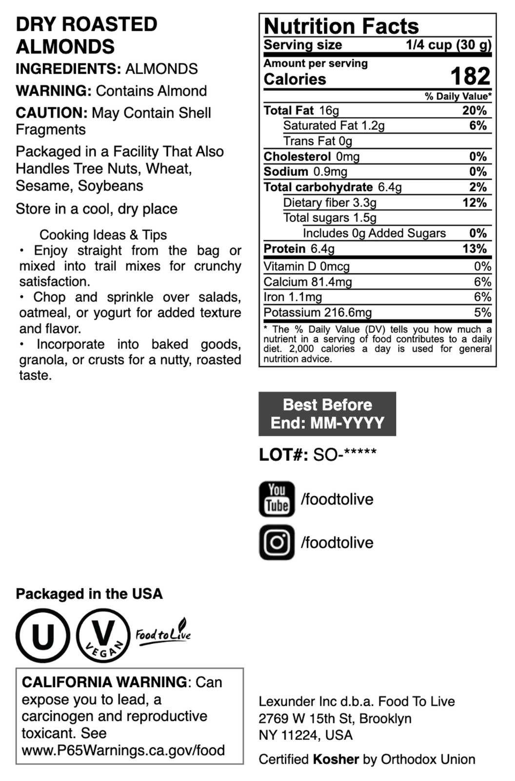 Dry Roasted California Almonds – Oven Roasted Whole Nuts, Kosher, Bulk