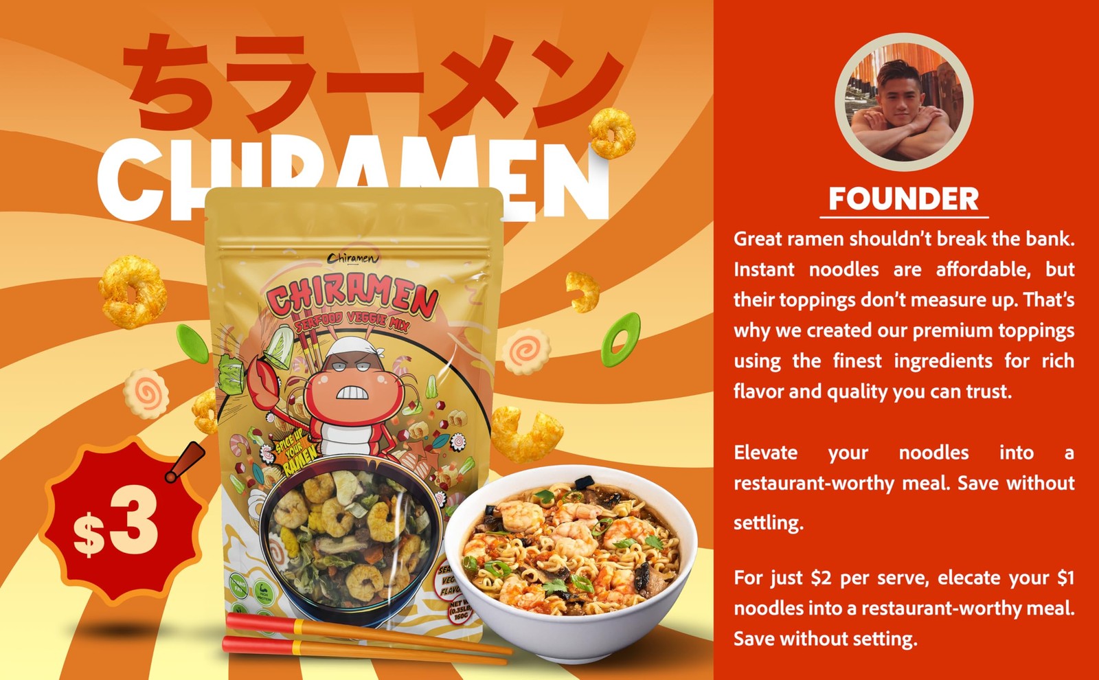 CHIRAMEN Seafood Veggie Mix Dried Ramen Toppings, Shrimp, Fishcake, Cup Ramen
