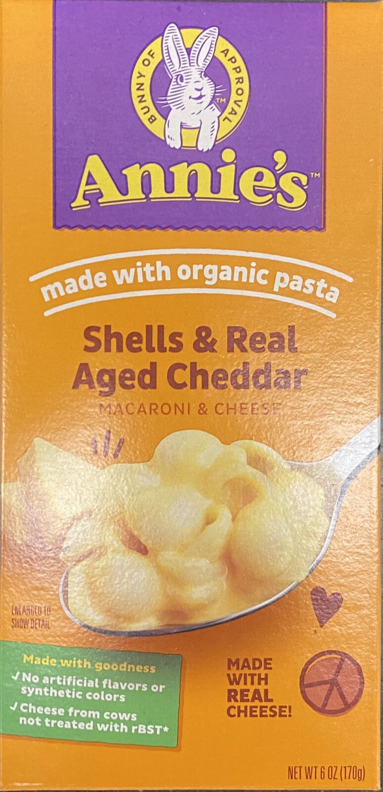 Annie’s Macaroni & Cheese Shells Real Aged Cheddar With Organic Pasta 6 oz 1 BOX