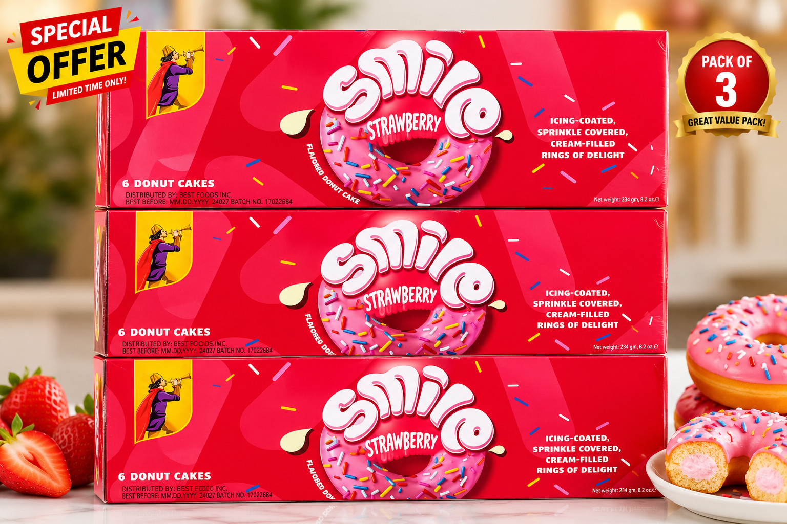 Smile Creamy Strawberry Donut Cakes Pack of 3 Icing Coated Cream Filled Snack
