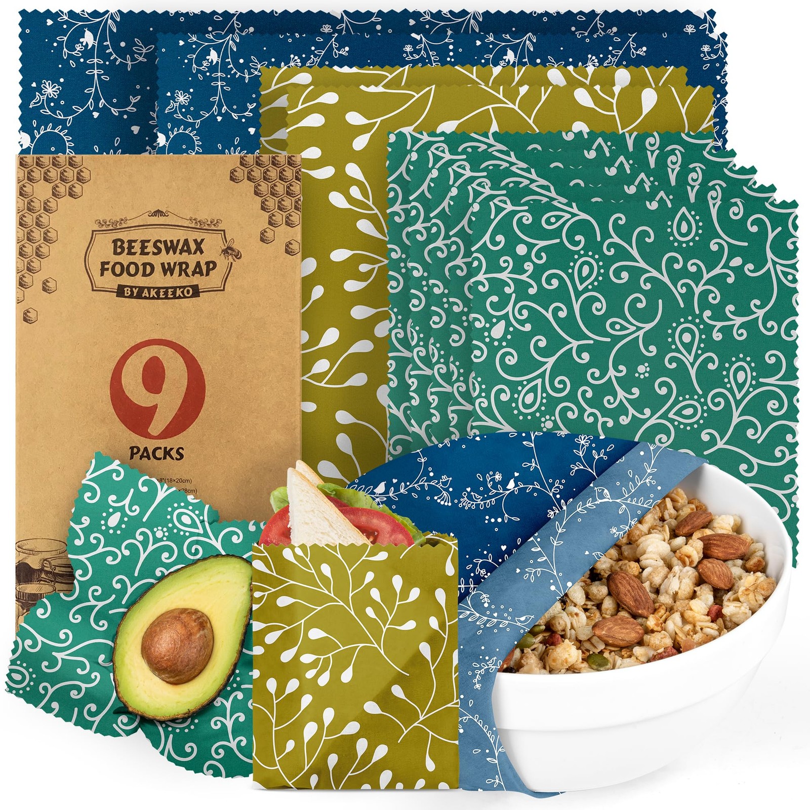 Reusable Beeswax Food Wraps – Assorted 9 Packs, Reusable, Plastic-Free Food S…