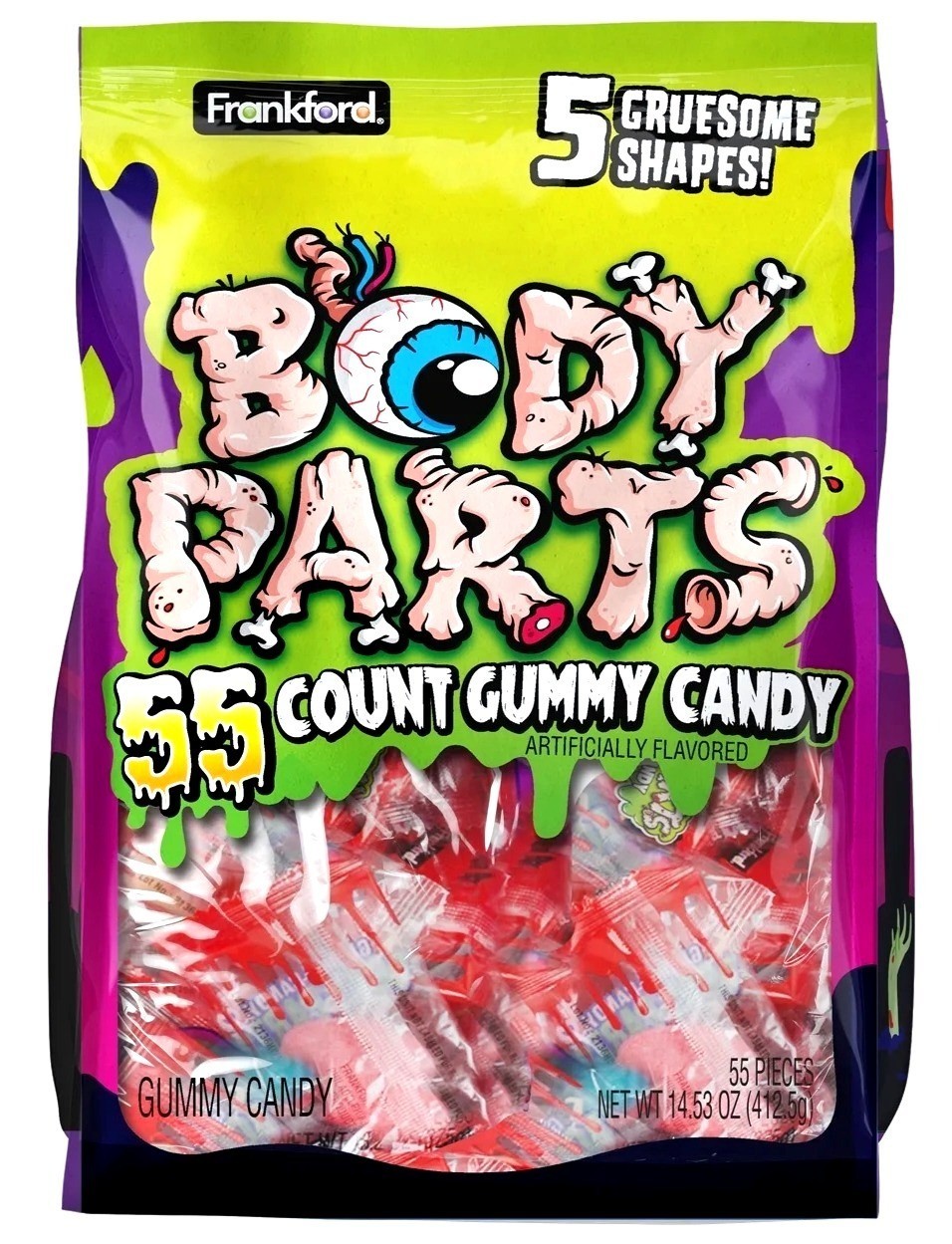 14.53oz/55ct FRANKFORD Gummy Candy BODY PARTS Halloween 5 Gruesome Shapes x.4/27