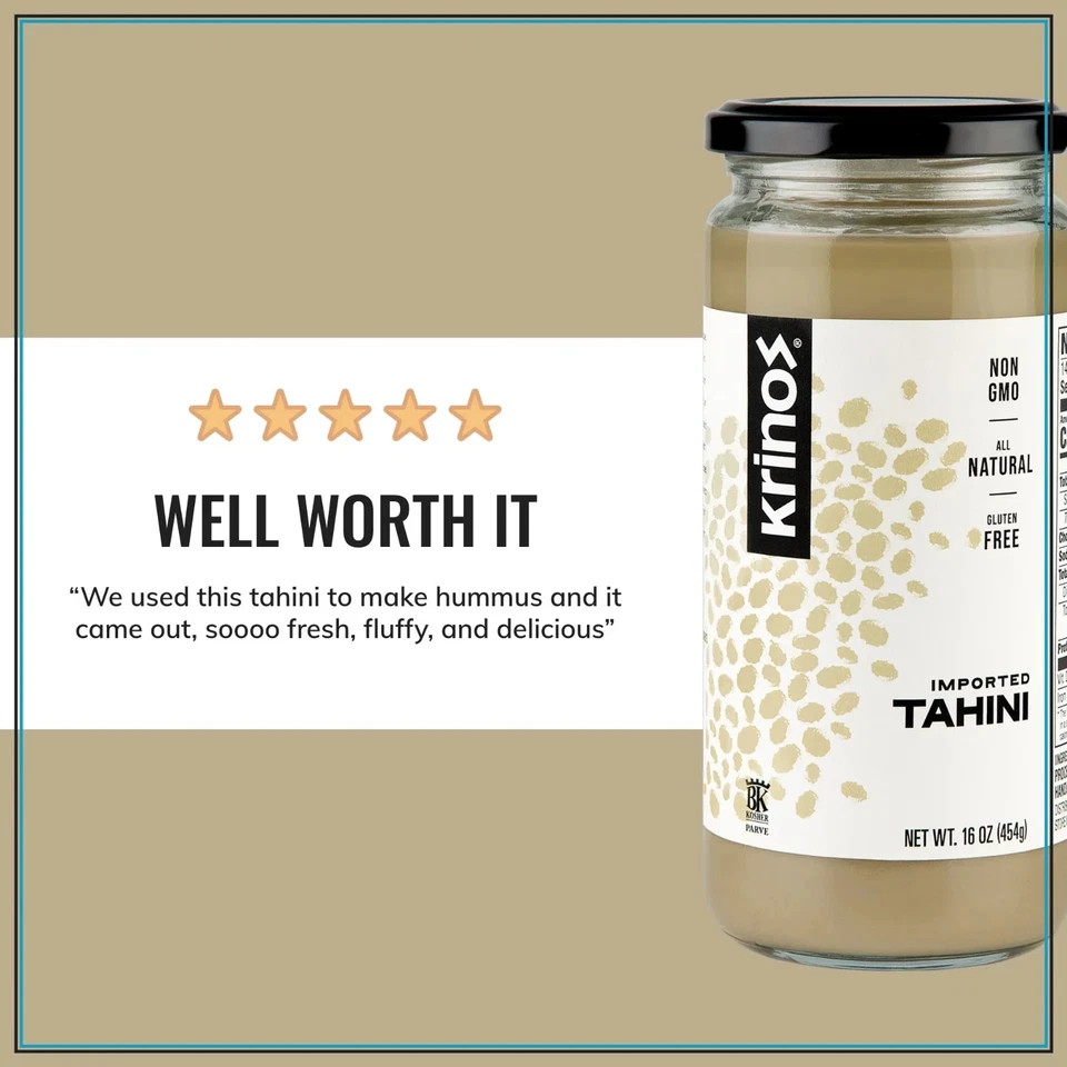 Krinos Imported Tahini, Velvety Texture, 16 oz Jar, Ground Sesame Seeds