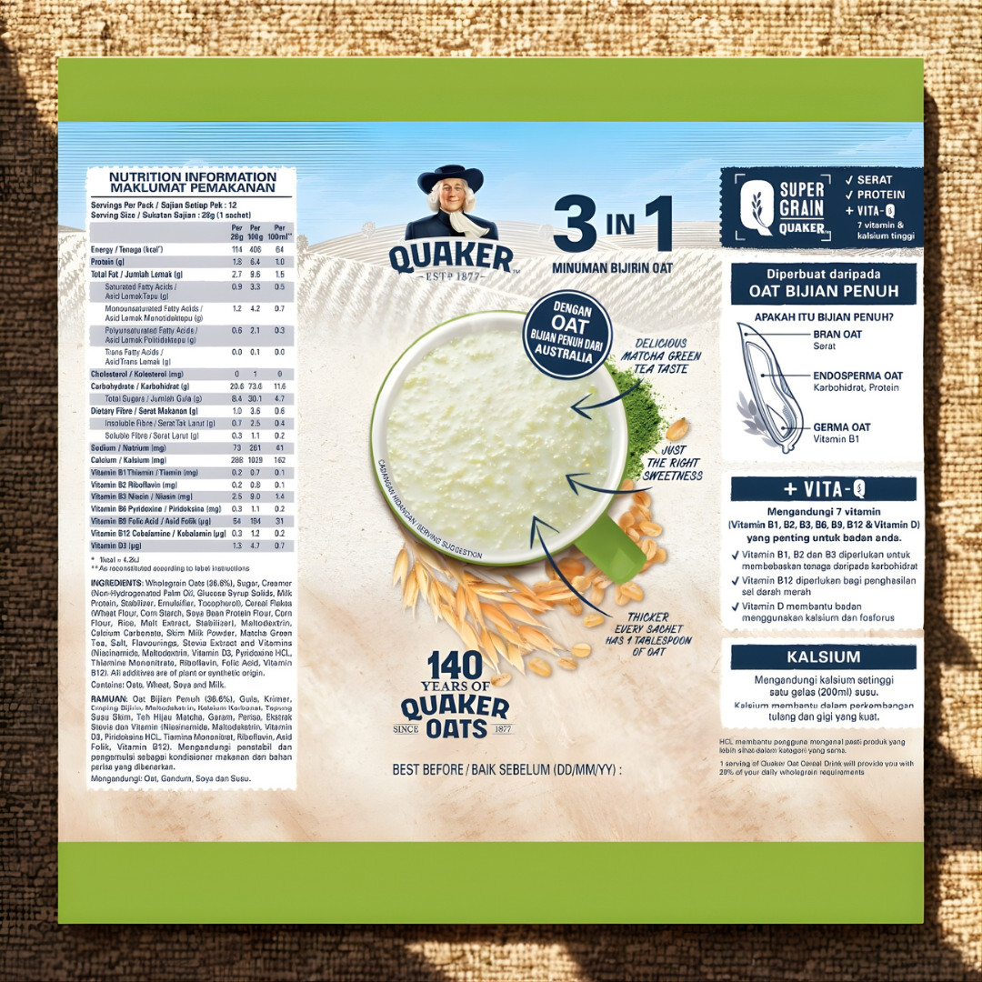 QUAKER 3-in-1 Oat Cereal Drink Matcha Green Tea Flavour 12 Sachets x 28g (336g)
