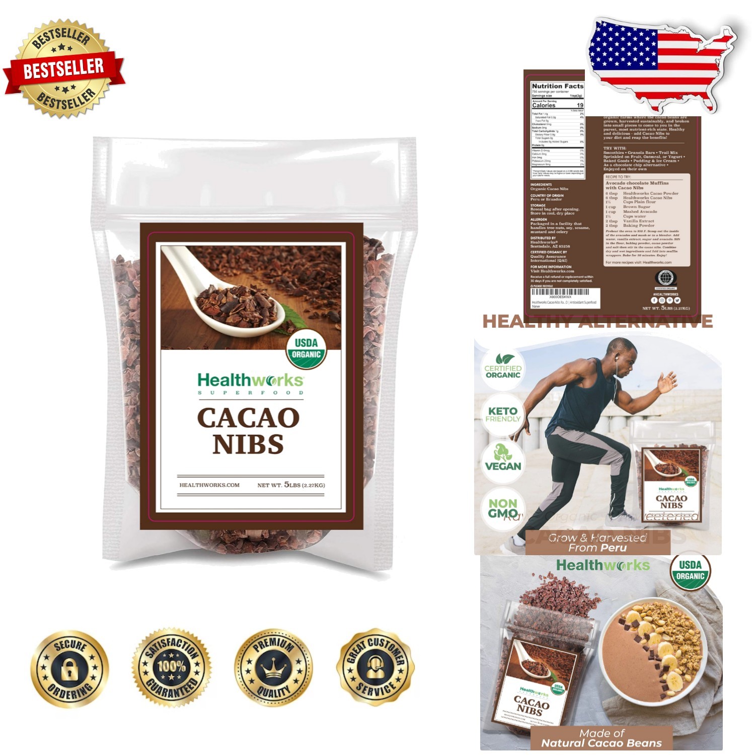 Organic Cacao Nibs 5lb Bag – Raw Criollo Bean – Keto Chocolate Substitute