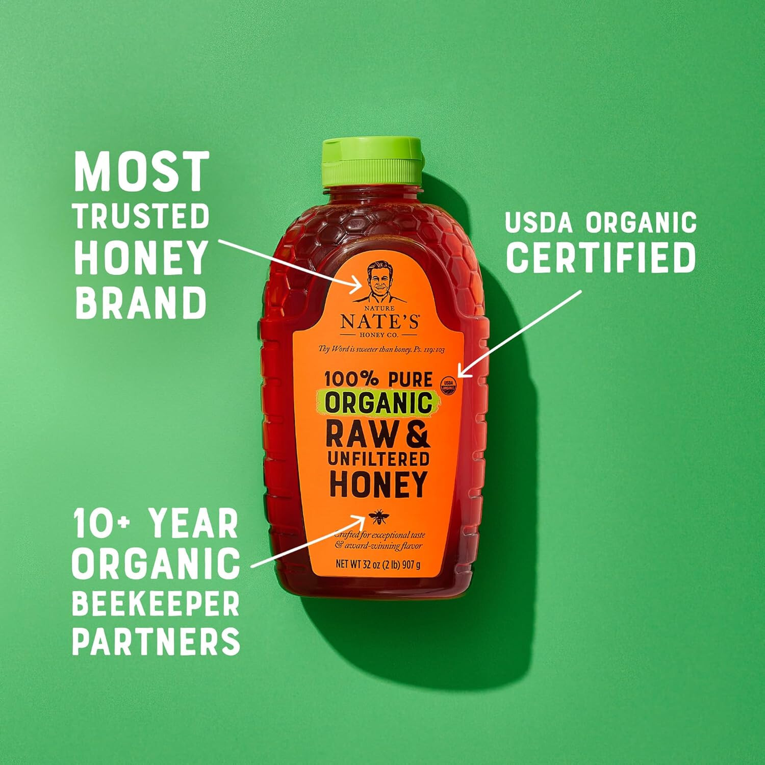 Nature Nate’s Honey 100% Pure Organic, Raw & Unfiltered – 16 oz. Squeeze Bottle