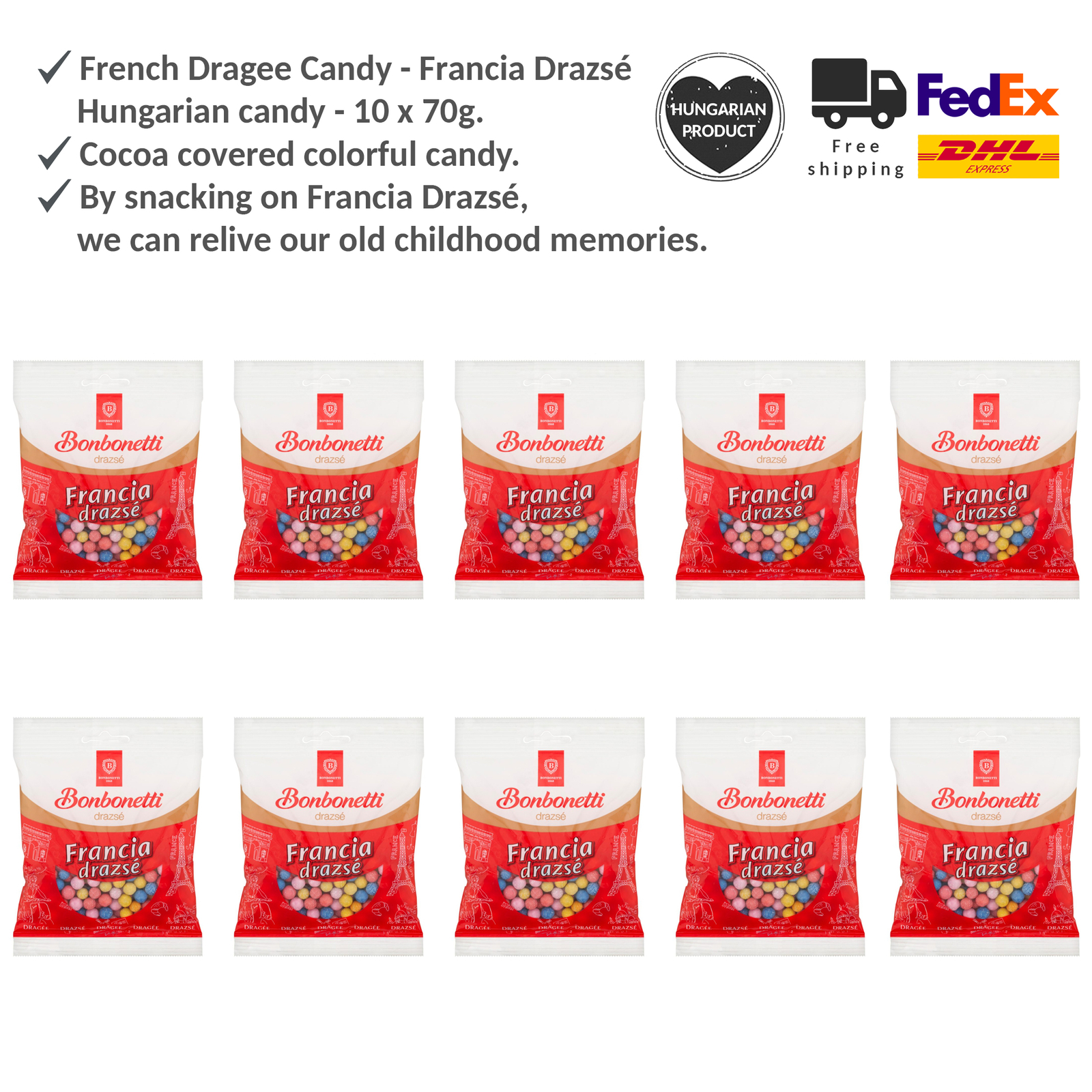 French Dragee Candy Cocoa Flavored – Franciadrazsé, Hungarian Retro Candy 10x70g