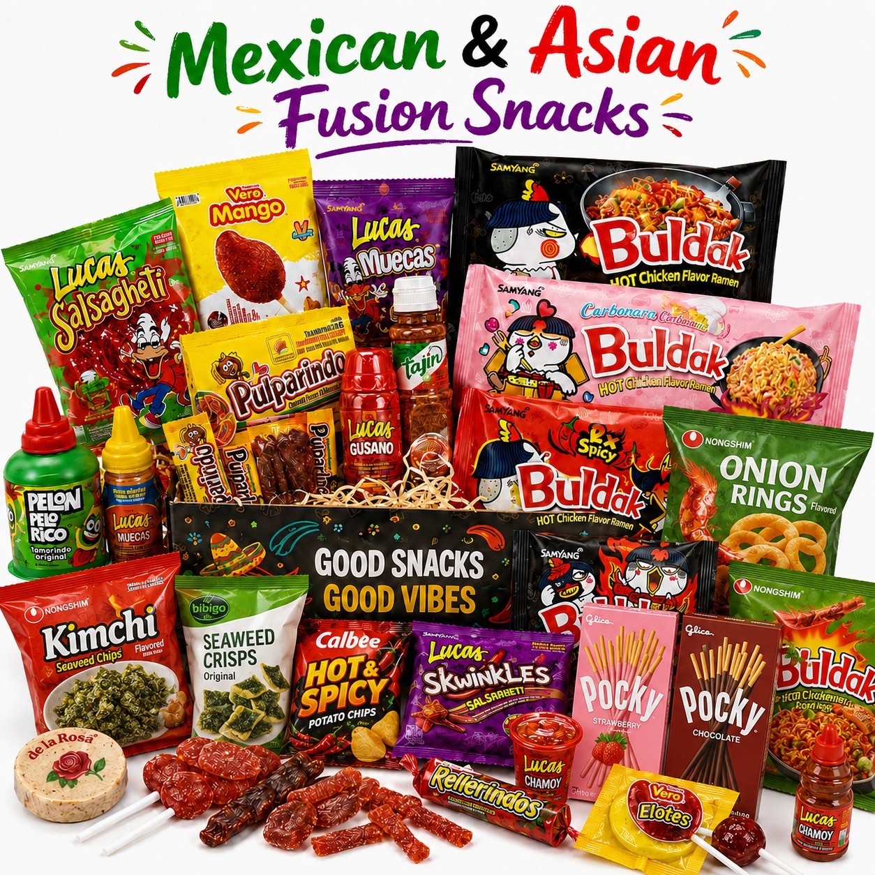 Mexican & Asian Fusion Snack Box Buldak Ramen Pocky Candy Chips Variety Pack