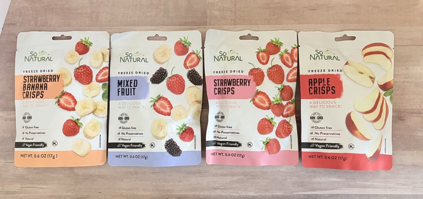 So Natural Freeze Dried Fruit Variety Pack of 4 Different Flavors 0.6 oz Bags