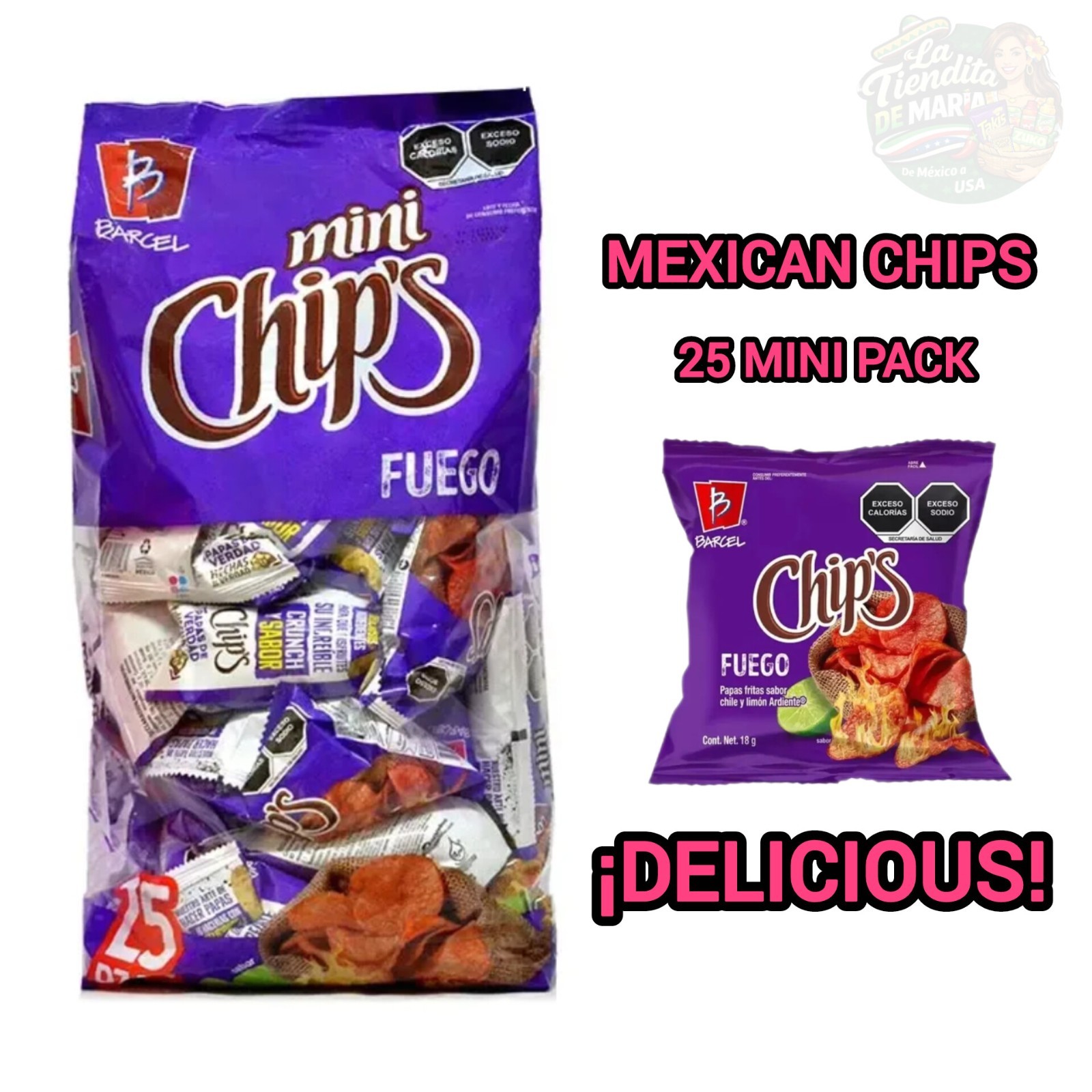 Pack Mini Chips Barcel Fuego 25pz/ Pack Of Mini Size Mexican Chips. ¡Delicious!