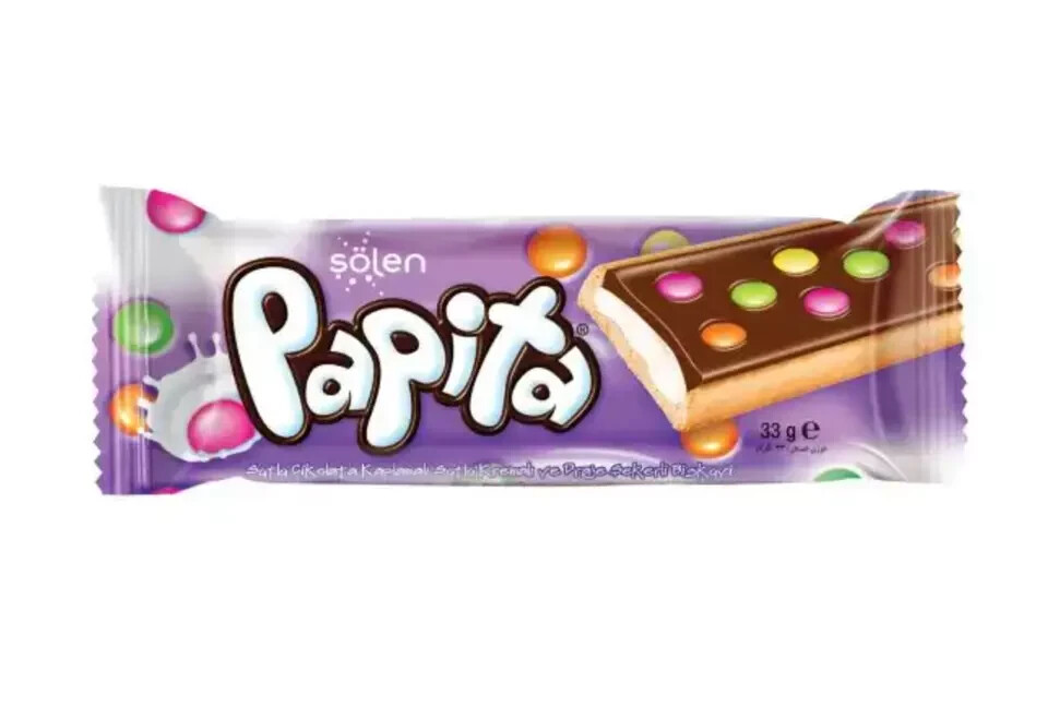 12 X Solen Papita Milk Chocolate Bar Coated Biscuit with Dragee Candies (33g)