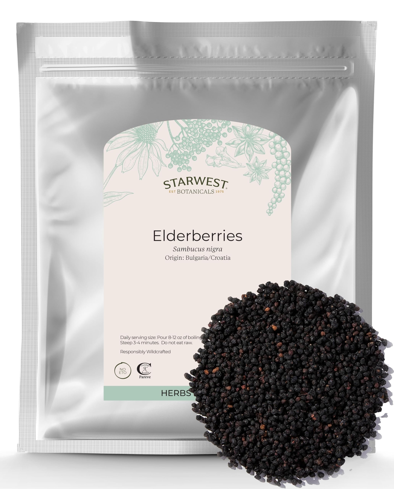 Sustainably Grown Kosher Certified Elderberries Whole 1 Pound Packaged Mylar Bag