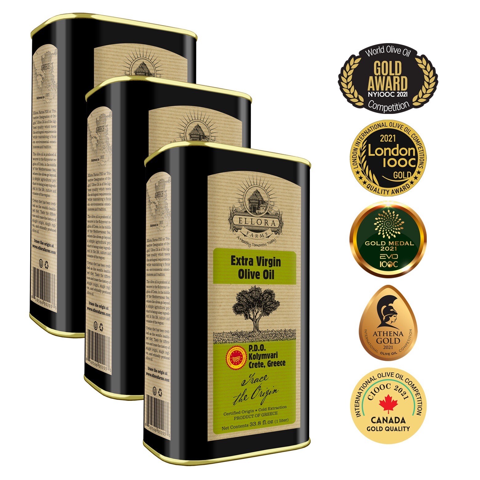 Ellora Farms, Greek Extra Virgin Olive Oil, Single Estate, 1 Lt. X 3 Tins