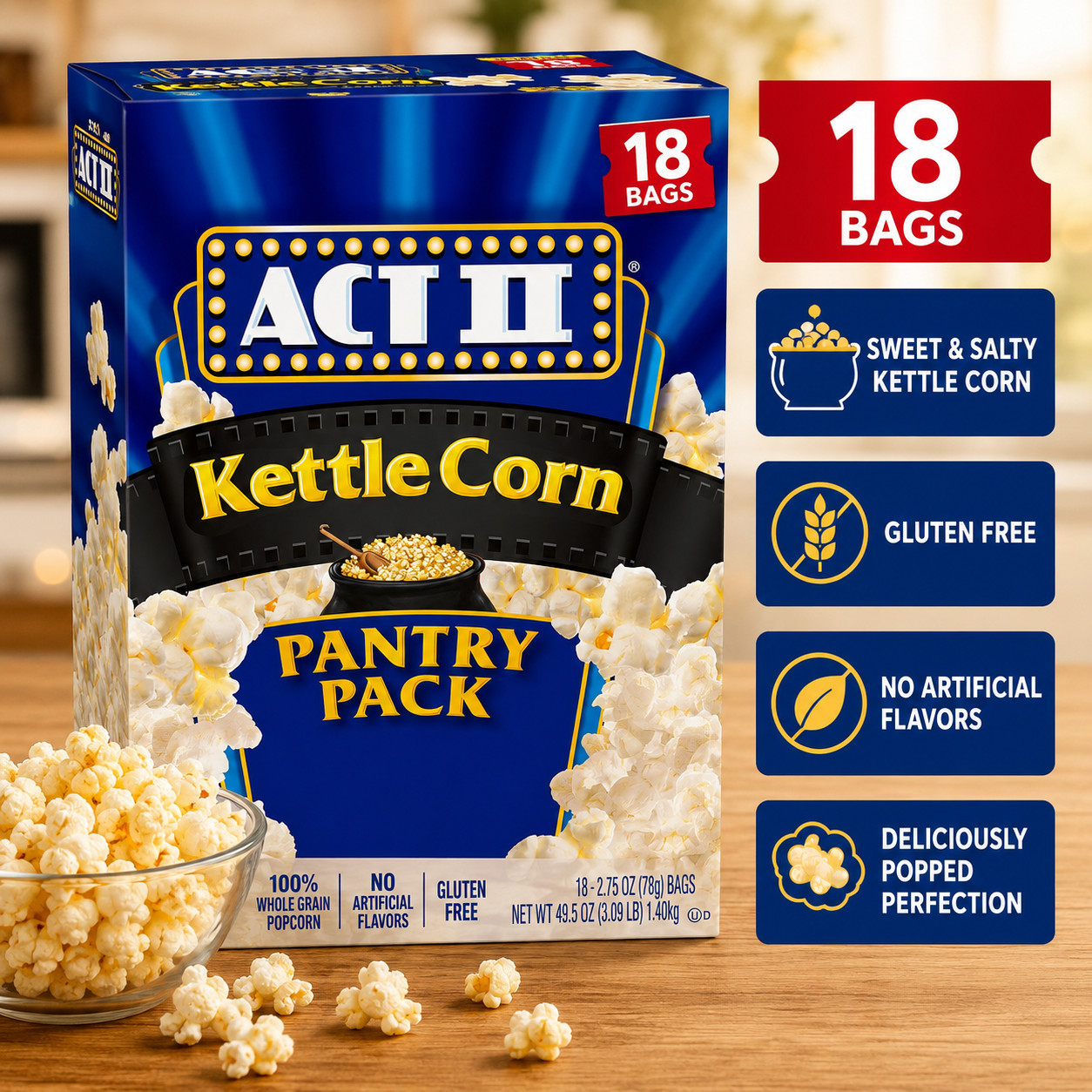 Act II Kettle Corn Microwave Popcorn, 2.75 oz., 18-Count Bags