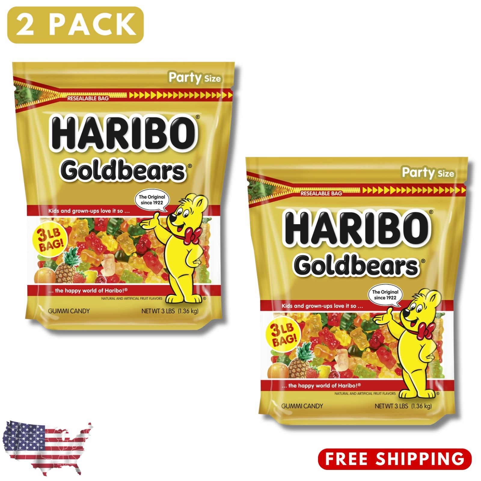 HARIBO Goldbears Original Gummy Bears XL Bag, 3 lb (2 PACK) FREE & FAST SHIPPING