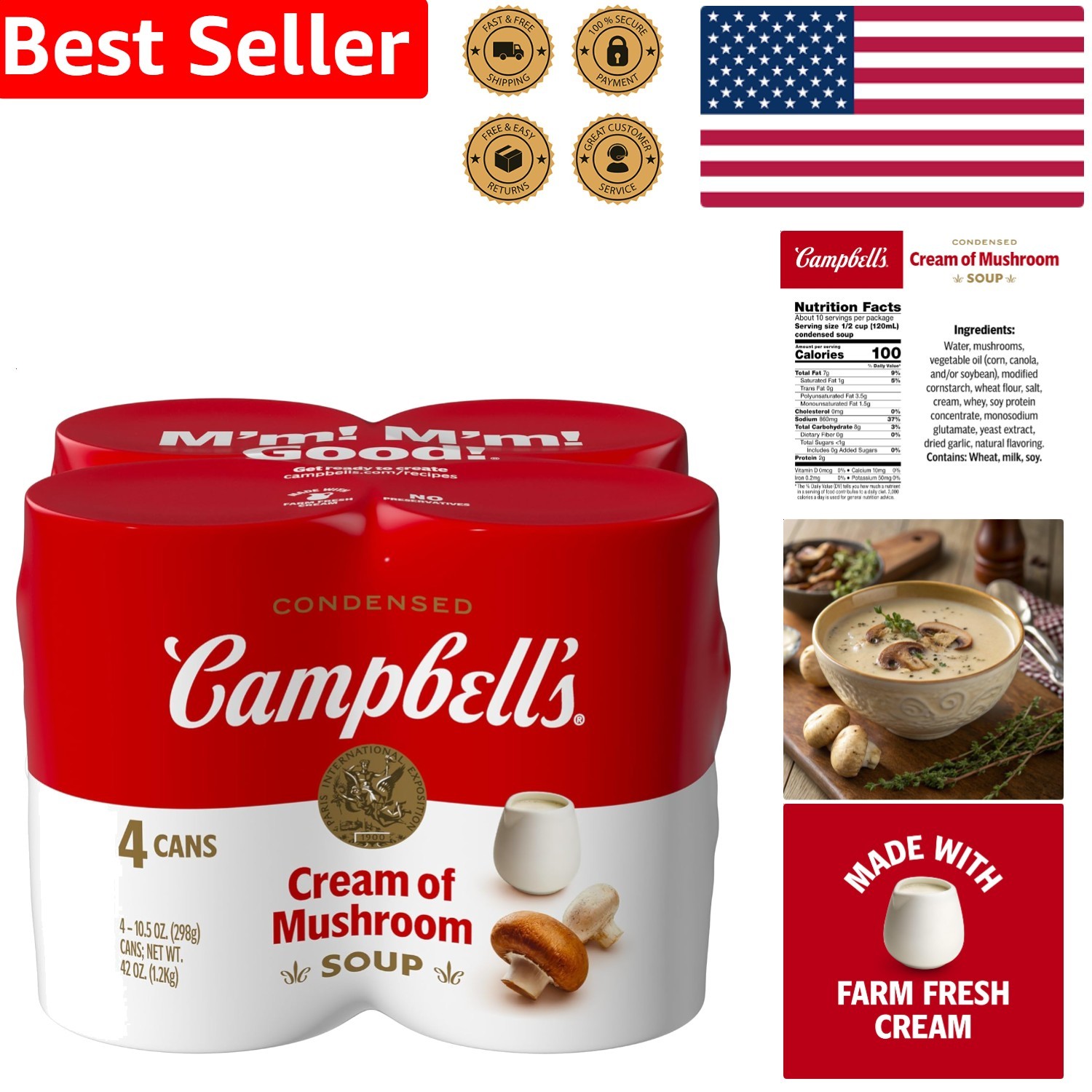 Campbell’s Condensed Cream of Mushroom Soup 4-Pack Cans Delicious Recipe Starter