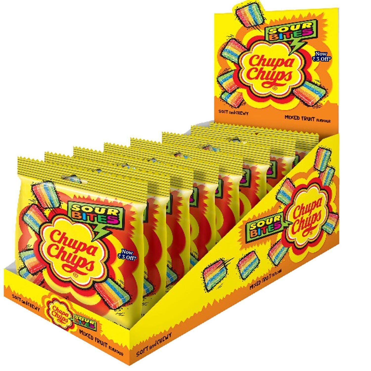 8x Chupa Chups Sour Bites 57.6gm Mixed Fruit Flavour, Soft & Chewy Toffee + F/S
