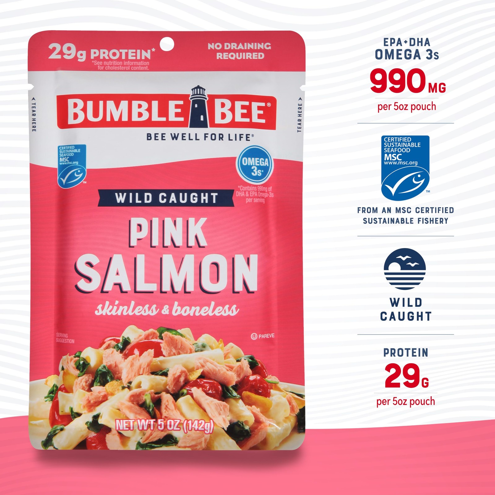 Skinless Boneless Pink Salmon Pouch, 5 oz – 29g Protein, Gluten Free, 12 Pack