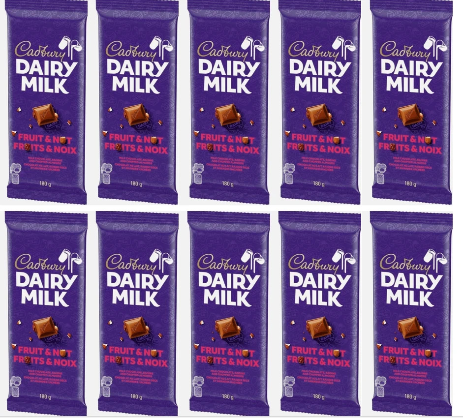(10 pack)CADBURY DAIRY MILK, Fruit & Nut Chocolate Bar,Chopped Almonds, 180 g