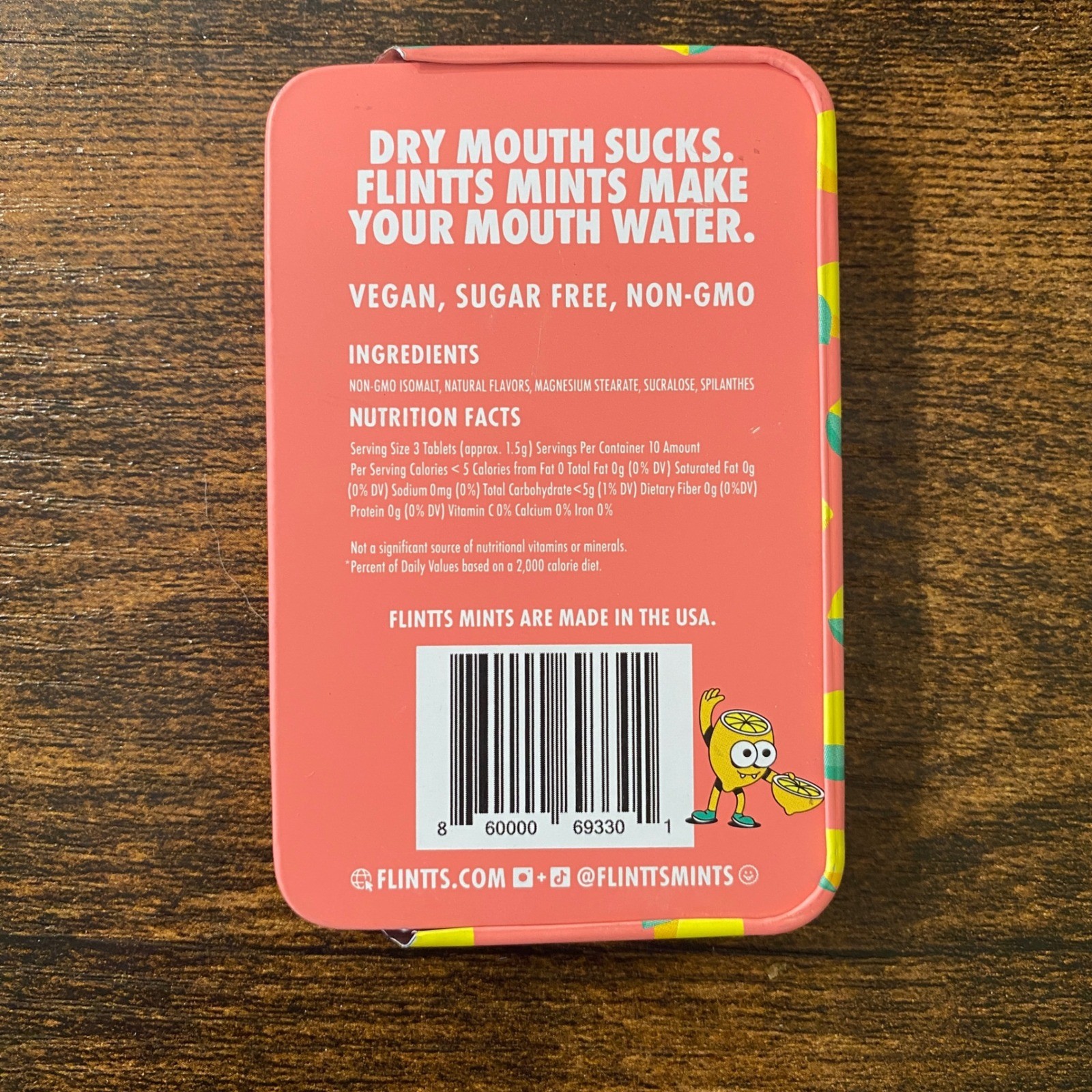 Flintts Mouth Watering Mints Lemon F Strength 250 Dry Mouth Relief Tin 0.7oz NEW