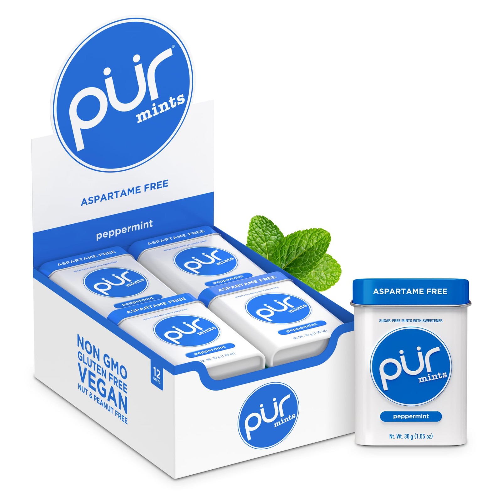 PUR Peppermint Sugar Free Mints 30 Count Pack of 12 Vegan Non GMO Gluten Free