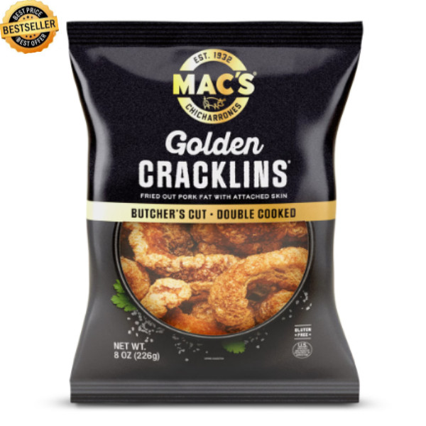 Mac’s Chicharrones Golden Pork Cracklins, Fried Pork Fat with Skin, 8 oz Bag,,