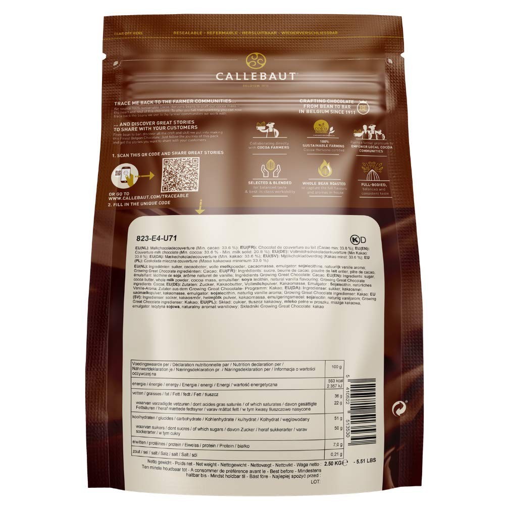 Luxurious Belgian Milk Chocolate Baking Callets – 33.6% – 5.5 lbs Bag