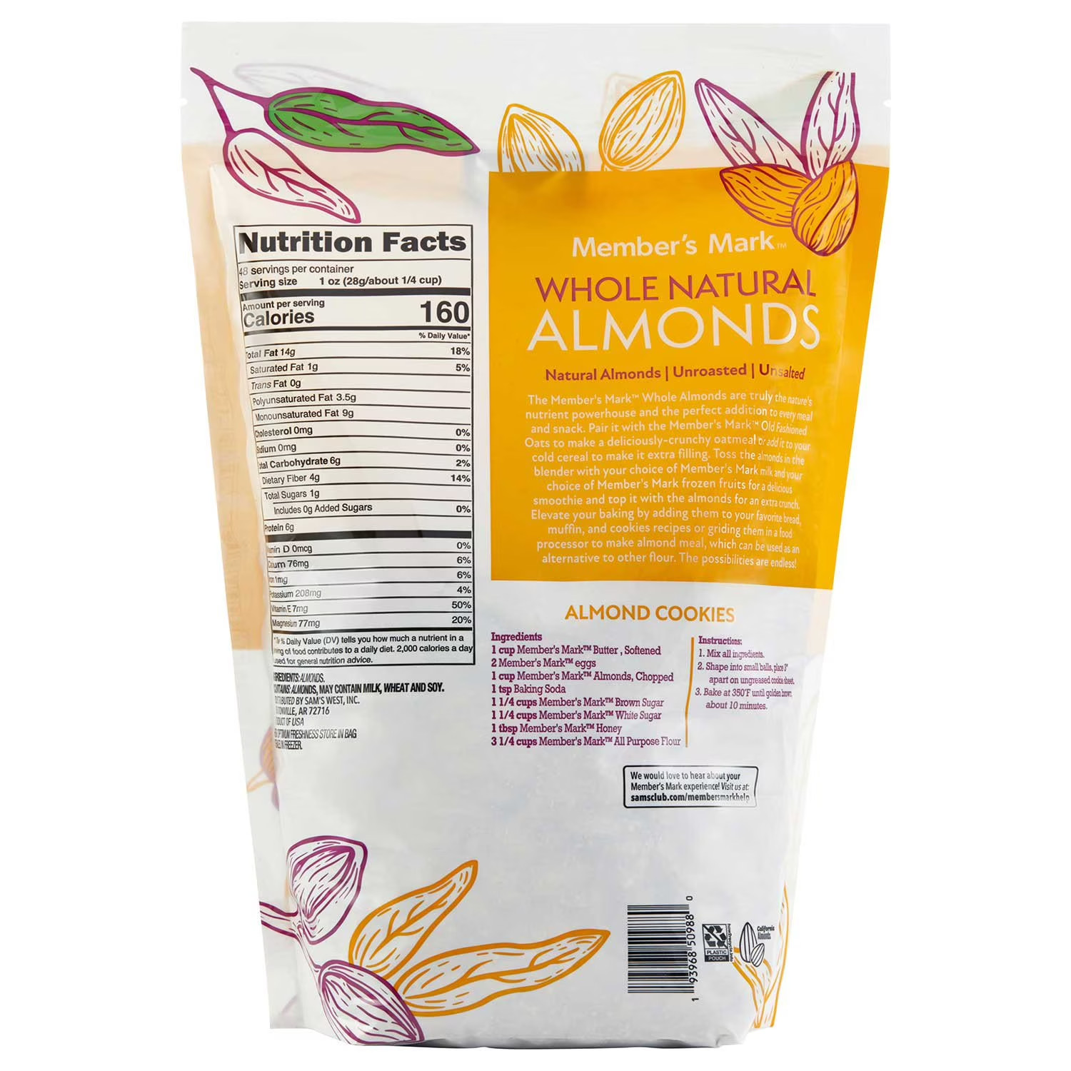 3 lbs Member’s Mark Natural Whole Almonds (48 oz) – NEW FRESH!