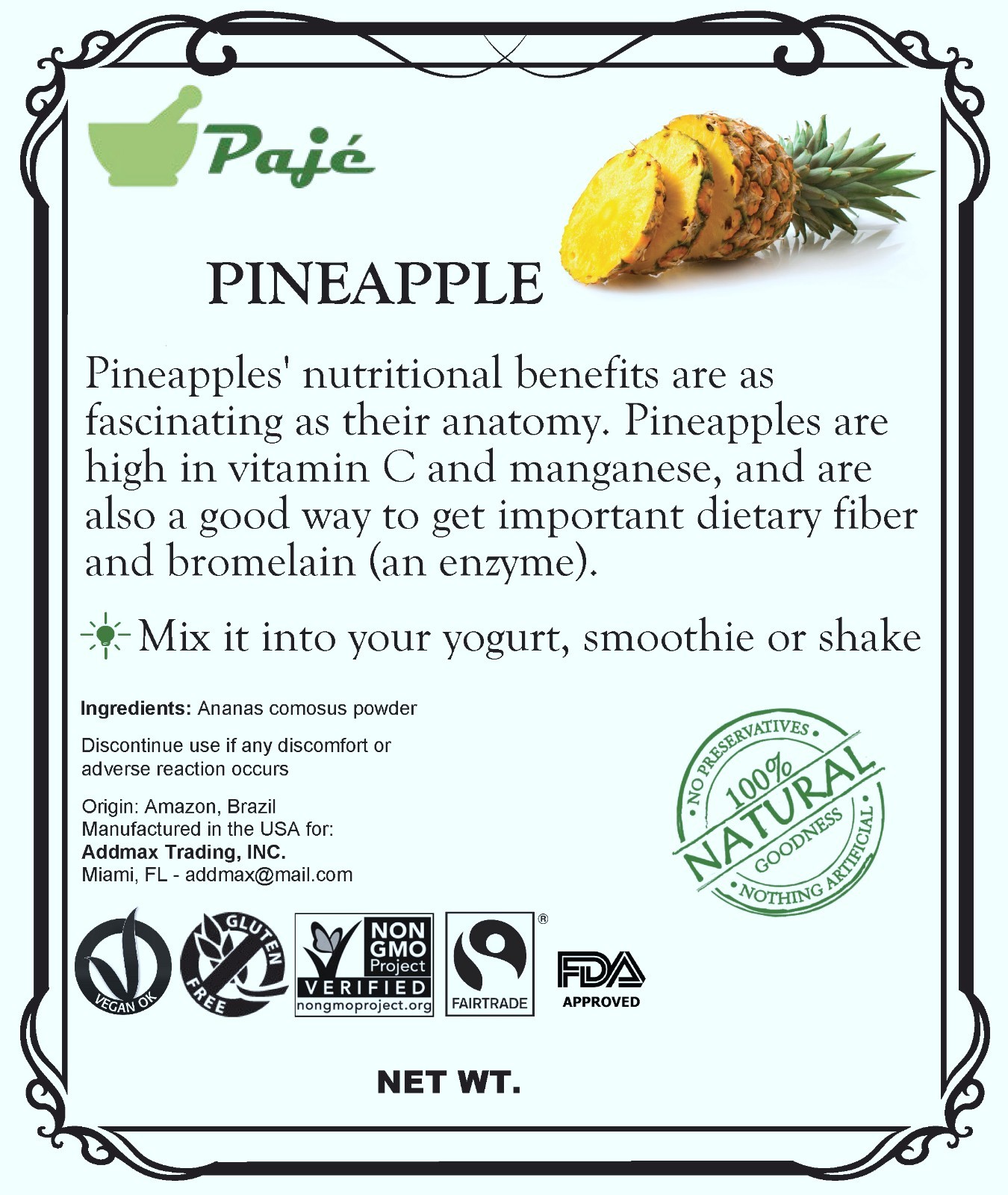 Pineapple fruit powder 16oz 1lb PAJE Immune system support, Bone strength