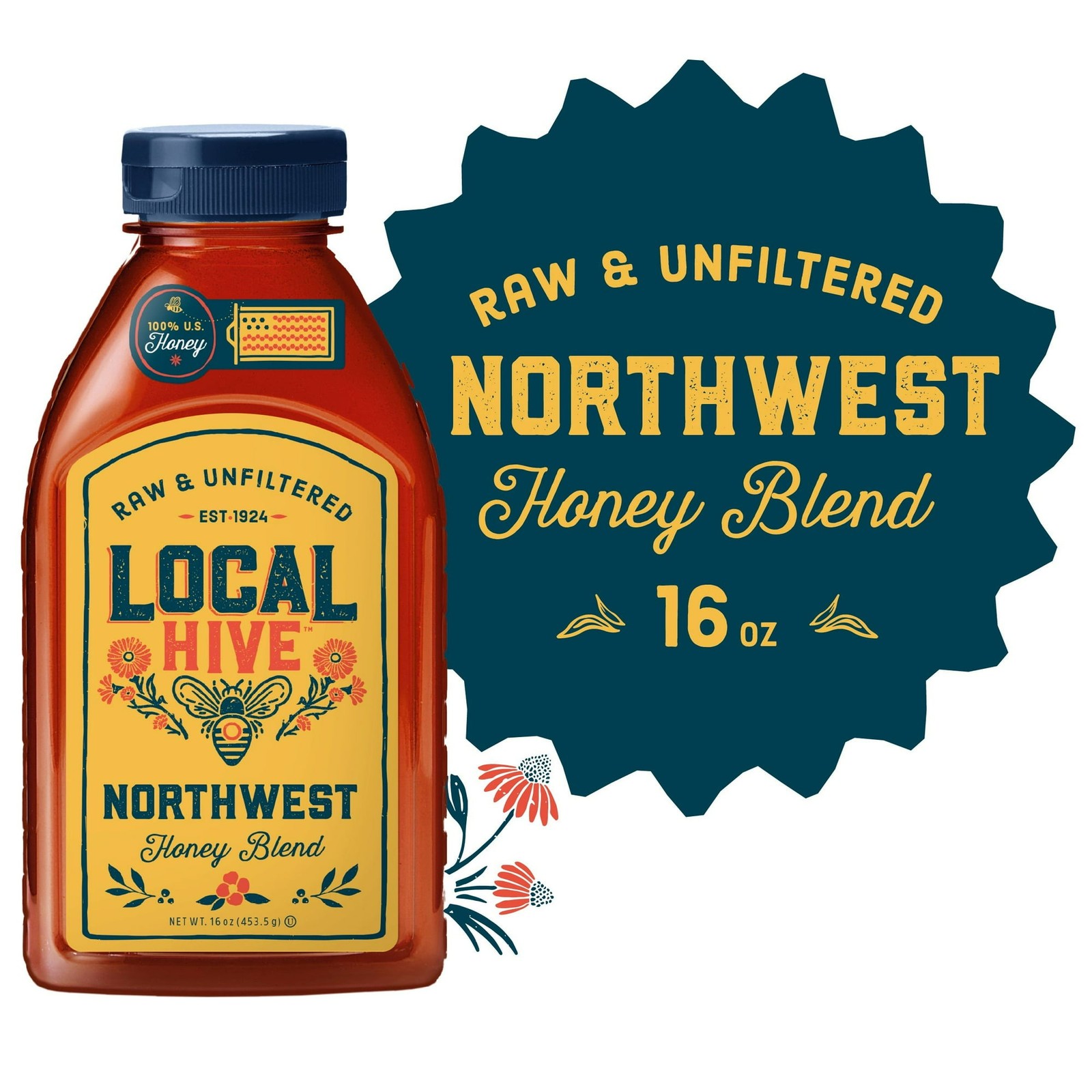 Local Hive, Raw & Unfiltered,100% U.S. Great Lakes Honey blend, 16 Oz Bottle New