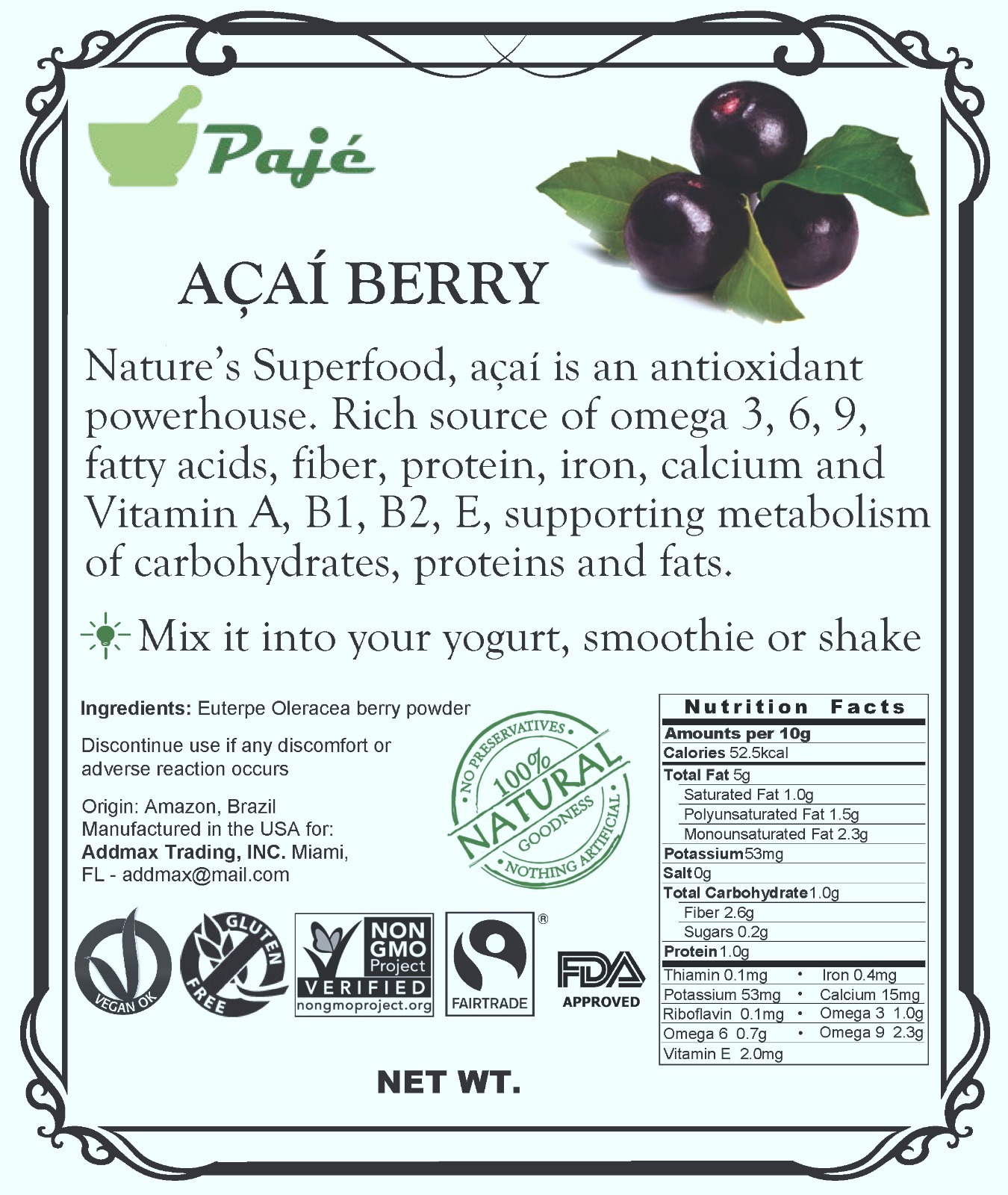 ACAI Assai powder berry 16oz 1lb Superfood, anti-aging, protein, fib, OMeg3 PAJE