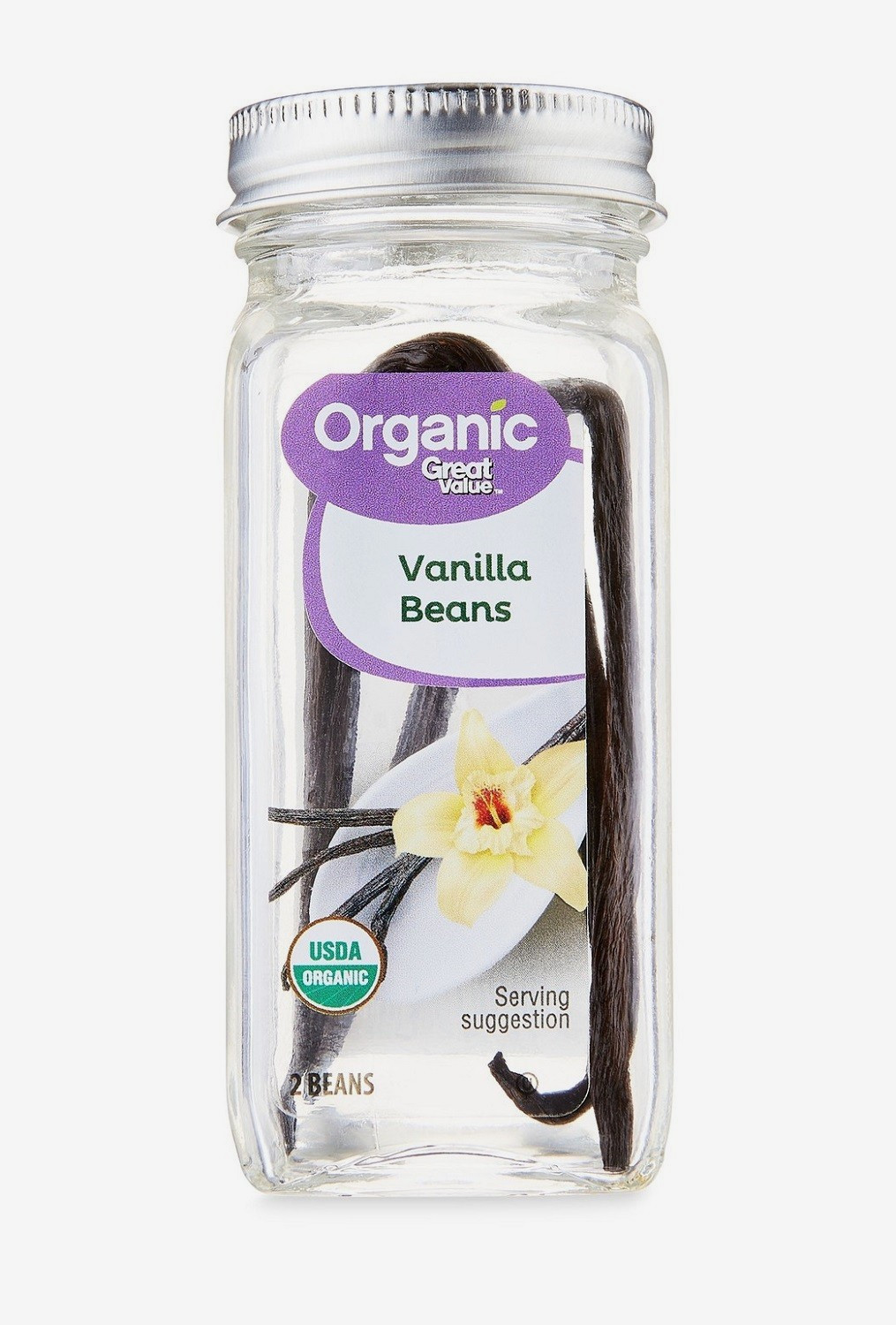 GREAT VALUE USDA ORGANIC VANILLA BEANS, TWO BIG BEANS IN JAR – BEST BY 7-30-2028