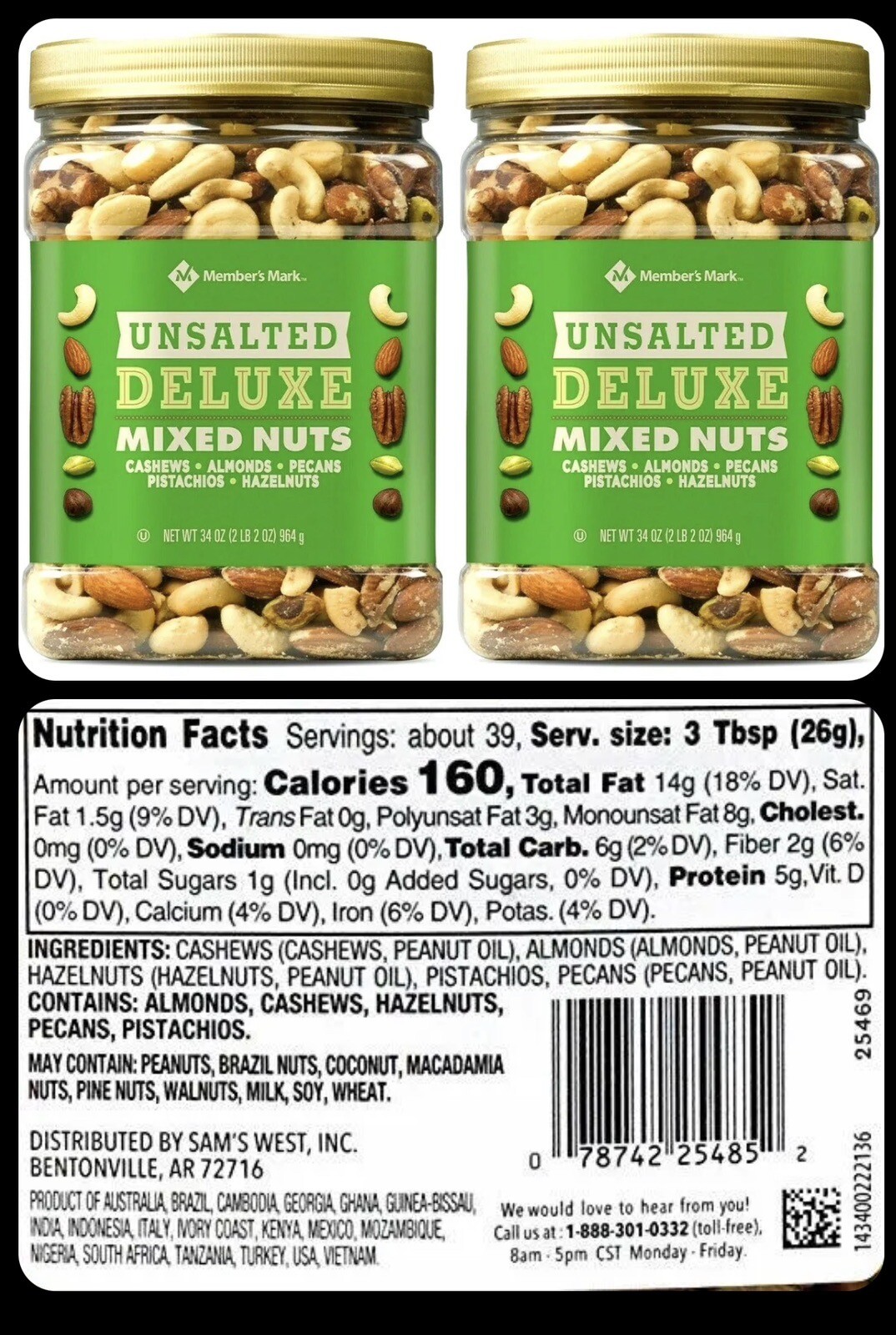 2 Packs Member’s Mark Unsalted Deluxe Mixed Nuts 34 oz Each Pack