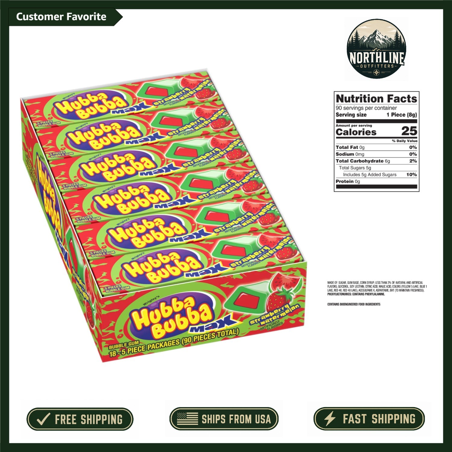 Fun Flavor Max Bubble Gum 18 Pack: Strawberry Watermelon 5-Piece for Road Trips