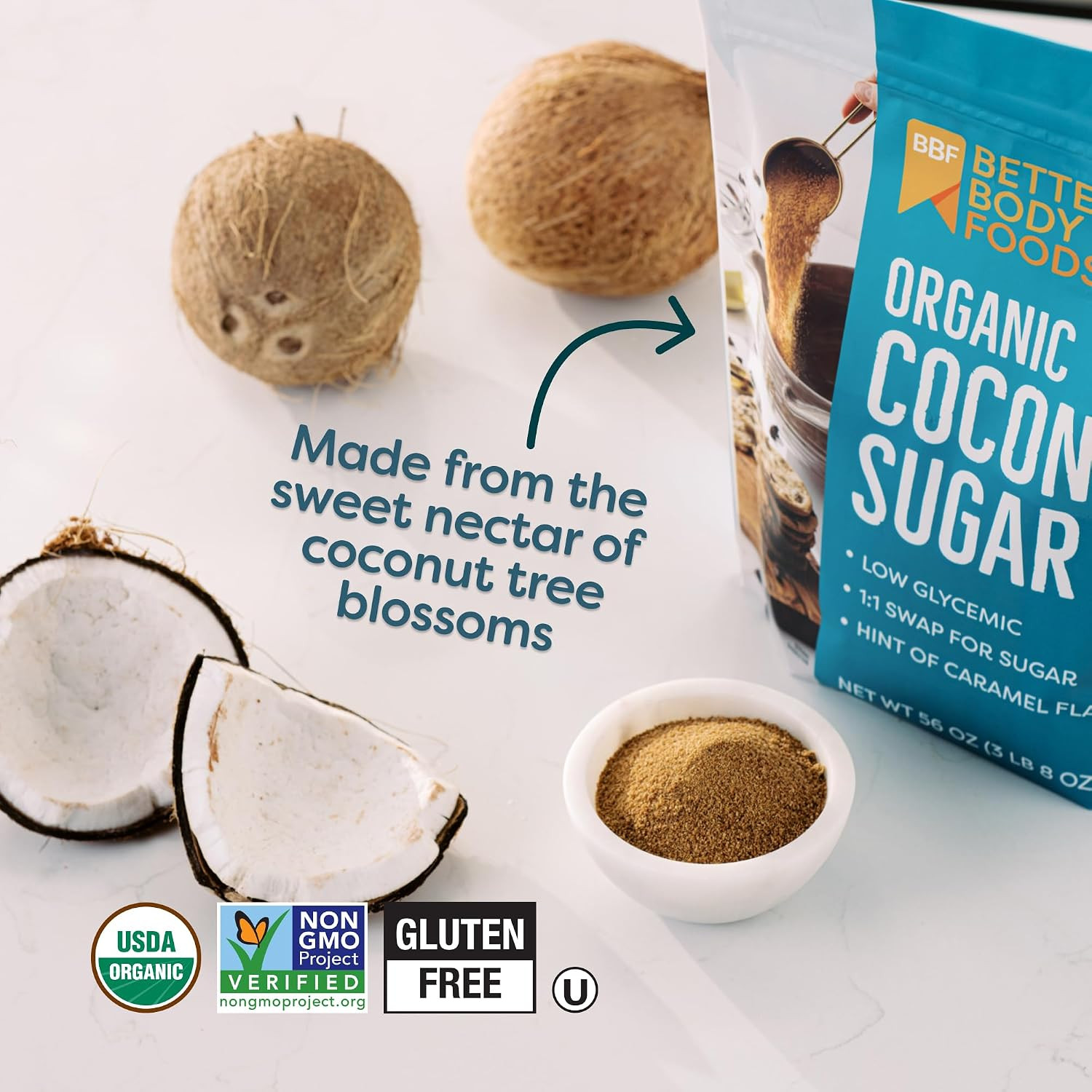 Betterbody Foods Organic Coconut Sugar, Gluten-Free, Non-Gmo, Low Glycemic Sugar