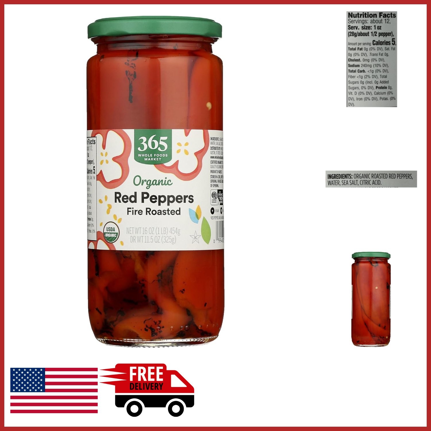 16 Ounce Organic Roasted Red Peppers Jar for Salads Sandwiches Antipasto