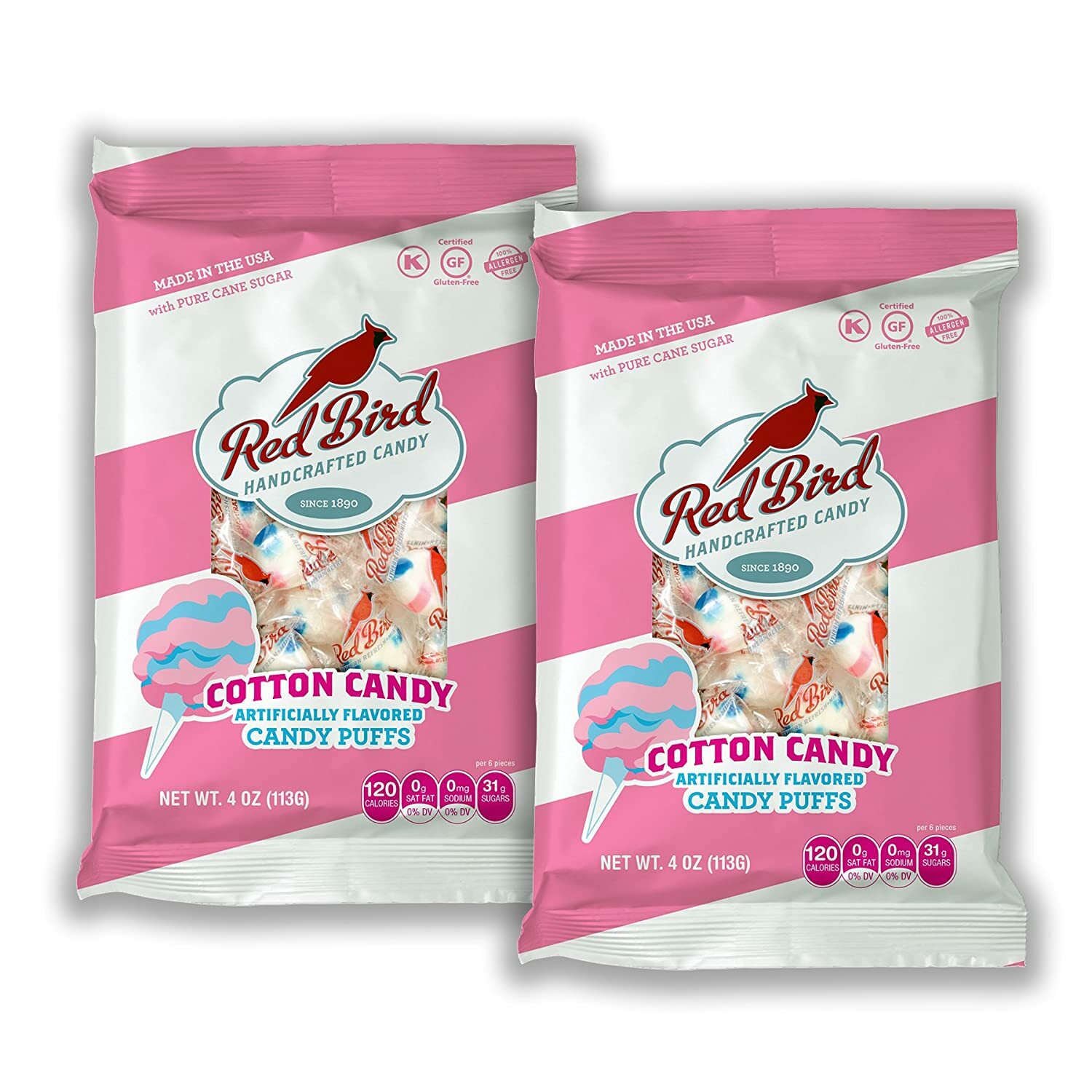 Lot of (2) Red Bird Cotton Candy Candy Puffs 4oz Bags Made in USA Melts Away