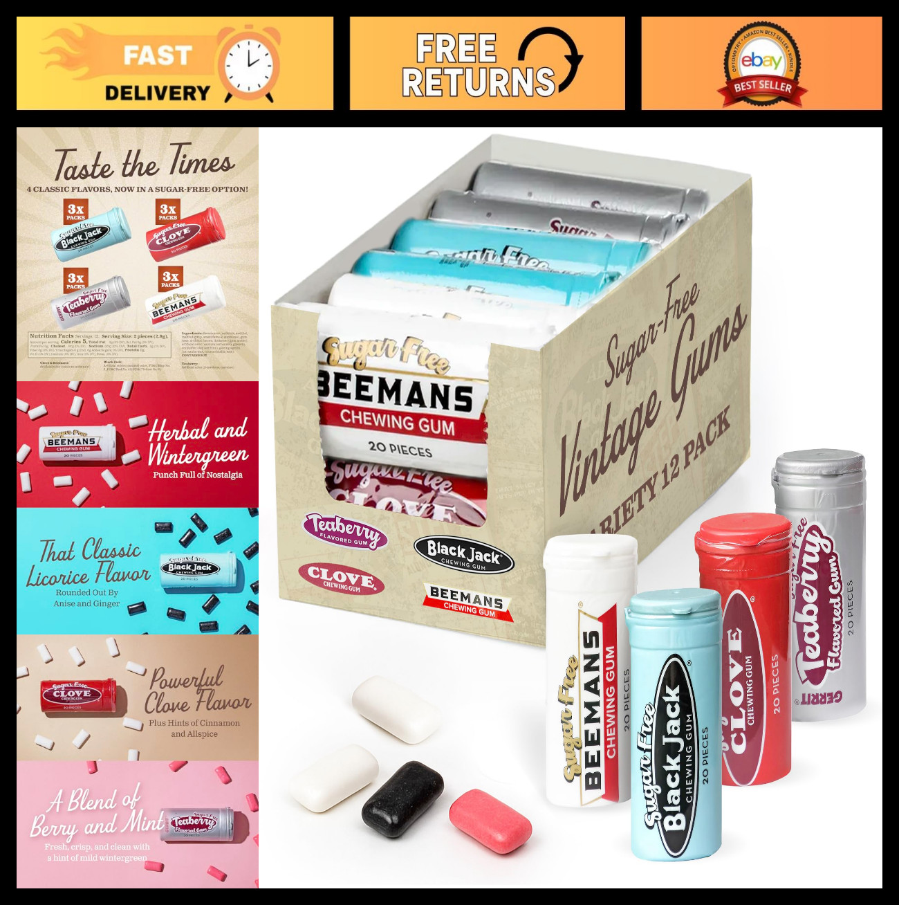 Sugar Free Gum Variety Pack – 12 Tubes Beeman’s, Black Jack, Clove, Teaberry – V