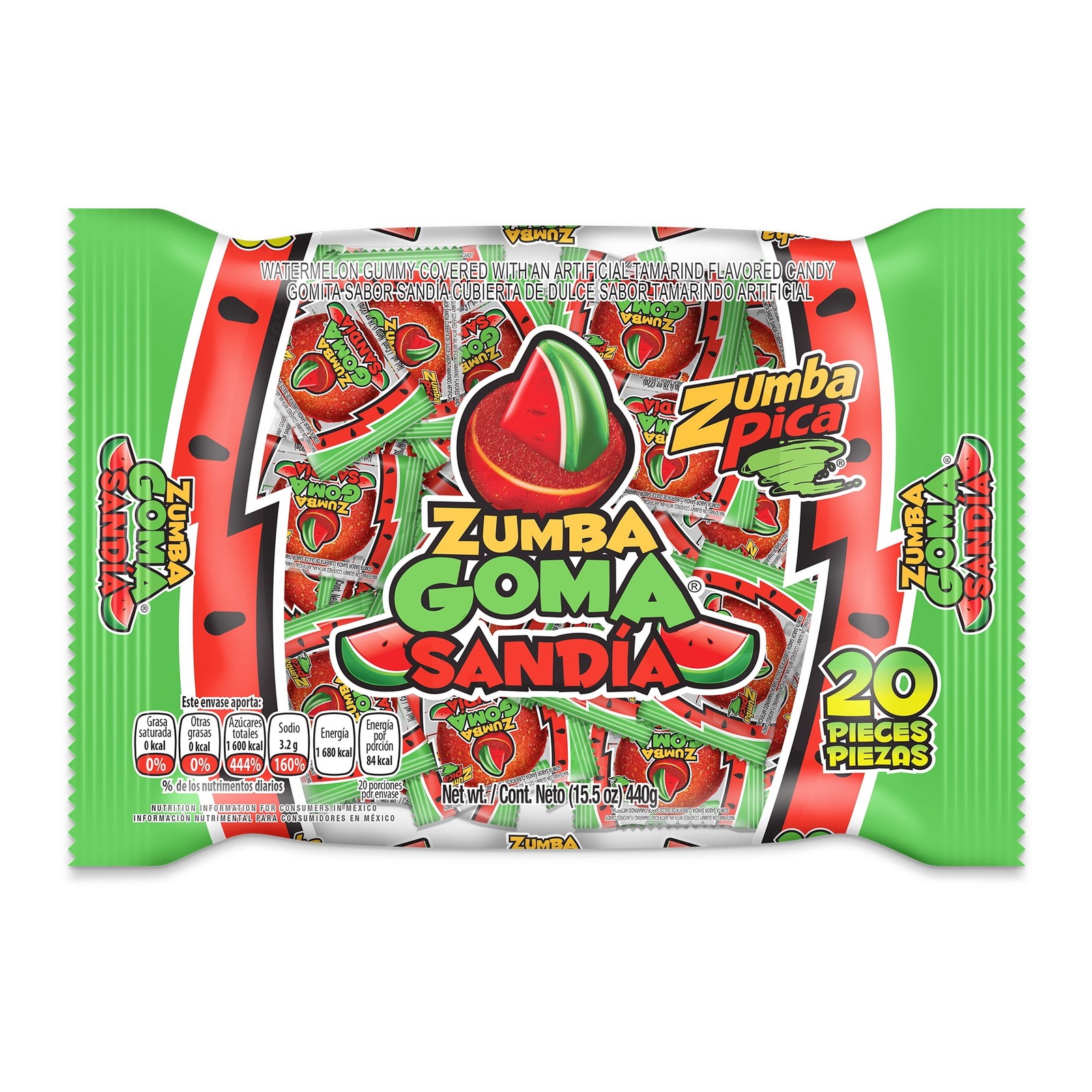 Zumba Pica Goma Sandia Gummy Candy Mexican Tamarind & Watermelon Candy 20 Ct